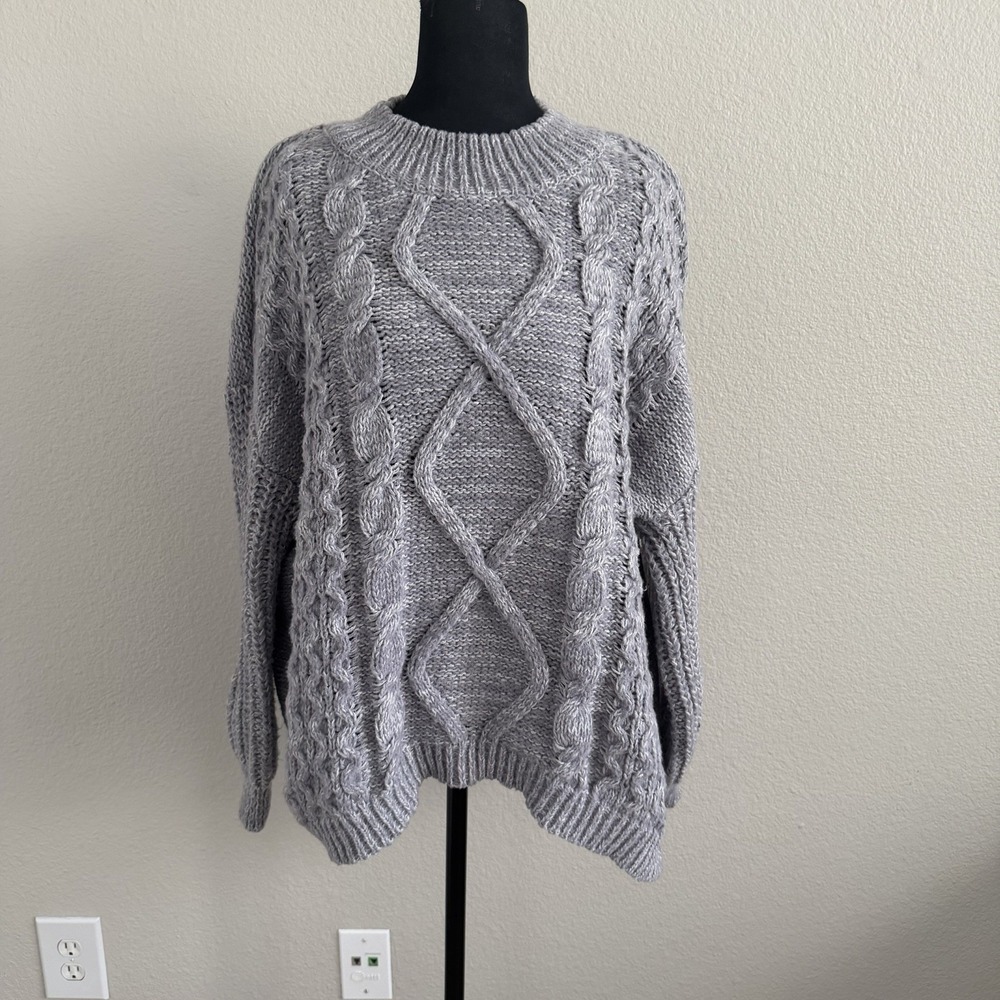 SO Women's XXL Cable Knit Sweater Chunky Oversized Crewneck Cozy Pullover Gray